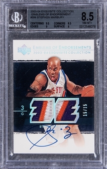 2003-04 UD "Exquisite Collection" Emblems of Endorsement #SM Stephon Marbury Signed Game Used Patch Card (#15/15) - BGS NM-MT+ 8.5/BGS 10